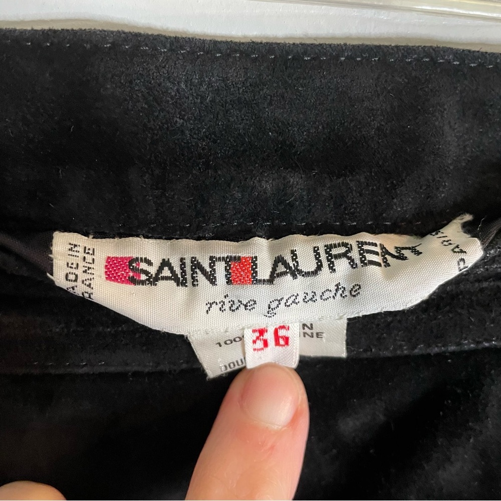 Vintage Saint Laurent Black Suede Mini Skirt with Leather Stripes Size 36 ~ US 6 - Picture 2 of 8